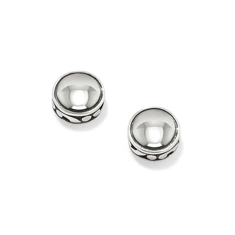 Pair of silver beaded earrings on a white background