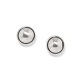 Pair of silver stud earrings on a white background