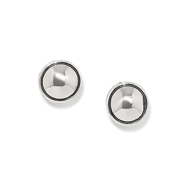 Pair of silver stud earrings on a white background