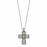Silver cross pendant necklace with a diamond on a white background