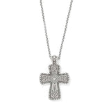 Silver cross pendant necklace on a white background