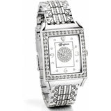 Silver watch with intricate design on a white background
