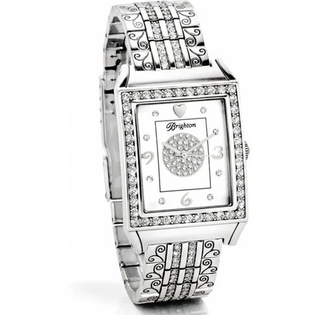 Silver watch with intricate design on a white background