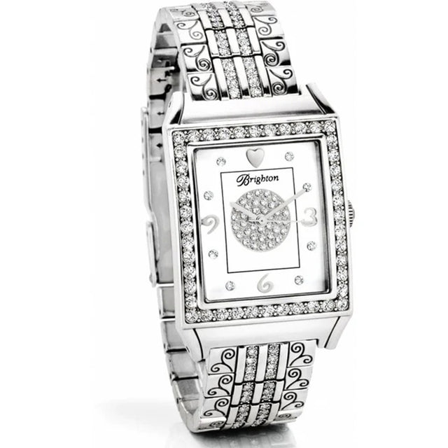 Silver watch with intricate design on a white background