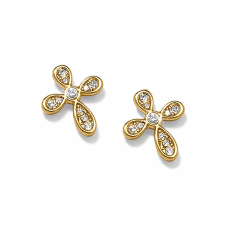 Gold cross-shaped earrings with clear gemstones on a white background