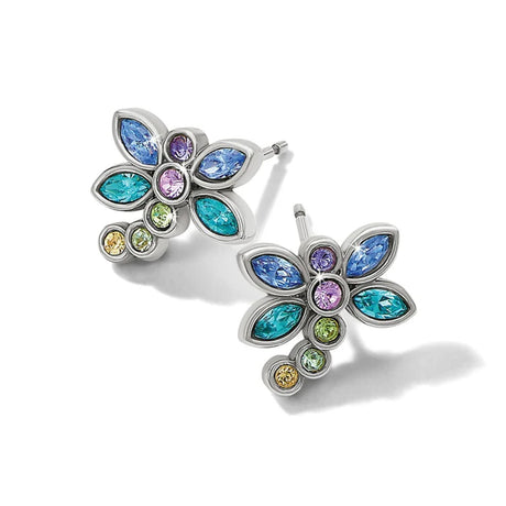 Flower-shaped earrings with multicolored gemstones on a white background
