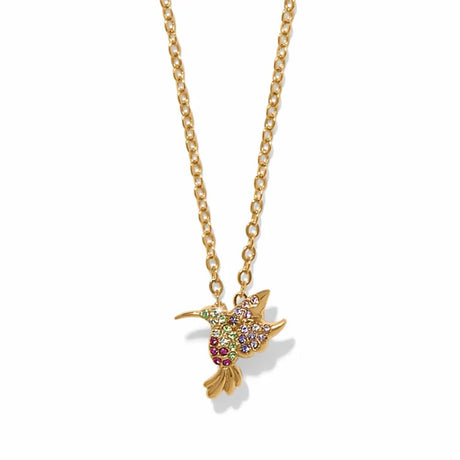 A gold chain necklace featuring a hummingbird pendant adorned with small multicolored gemstones, shown against a plain white background.