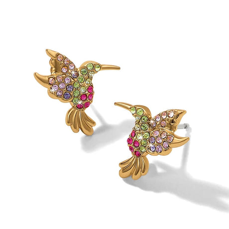 Gold hummingbird earrings with colorful gemstones on a white background