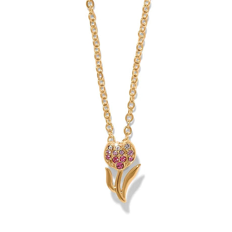 A gold chain necklace with a tulip pendant, featuring a gold flower head paved with clear and pink gemstones, and gold tulip leaves below, shown on a clean white background.