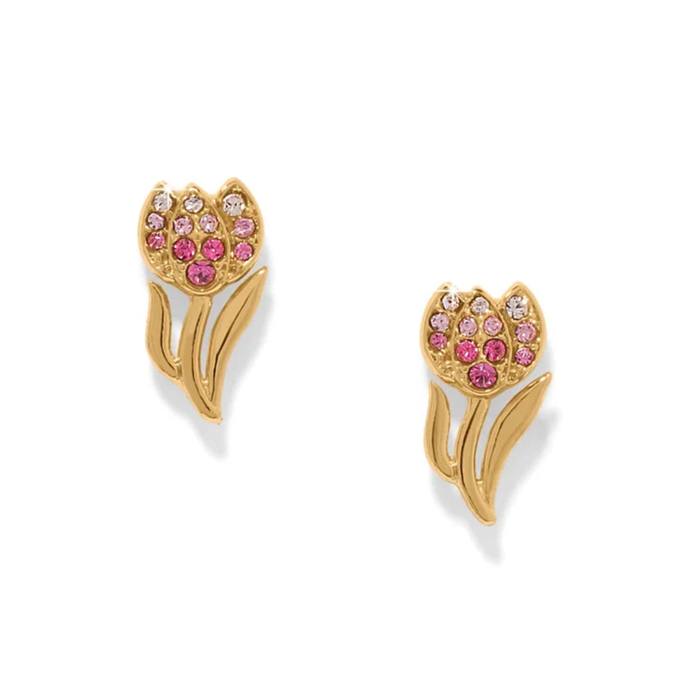 A pair of gold tulip stud earrings decorated with pink and clear rhinestones, shown on a clean white background.