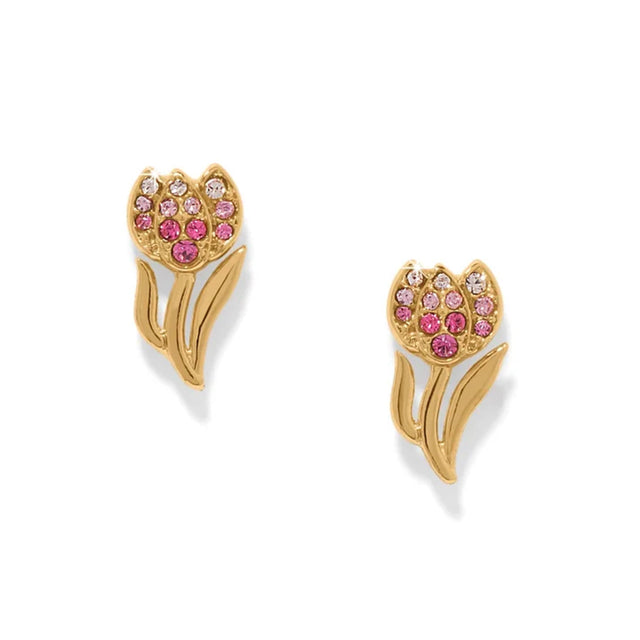 A pair of gold tulip stud earrings decorated with pink and clear rhinestones, shown on a clean white background.