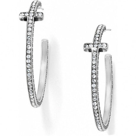 Silver hoop earrings with embedded stones on a white background