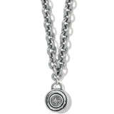 Silver chain necklace with a pendant on a white background