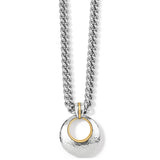 A silver-toned chain necklace with a hammered circular pendant featuring a gold-toned inner ring, shown on a plain white background.