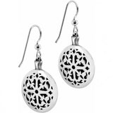 Silver earrings with intricate black patterns on a white background