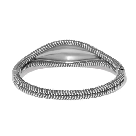 A silver-toned metal bangle bracelet with a textured, ribbed snake-style design and a smooth central inlay, shown on a plain white background.