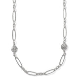 Silver chain necklace with decorative links on a white background