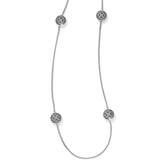 Silver necklace with circular designs on a white background