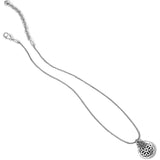 Silver necklace with a heart-shaped pendant on a white background