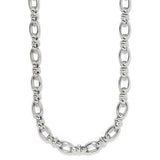 A polished silver-toned metal chain necklace with elongated oval links and smaller connecting beads, shown against a plain white background.
