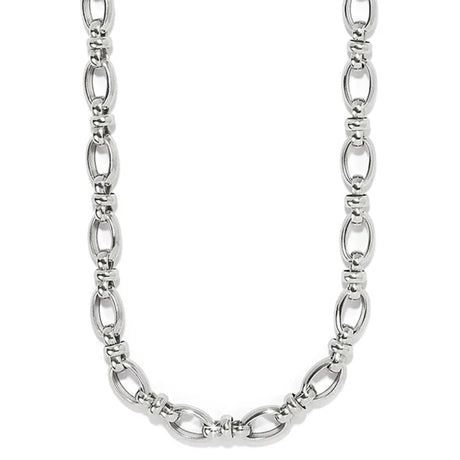 A polished silver-toned metal chain necklace with elongated oval links and smaller connecting beads, shown against a plain white background.