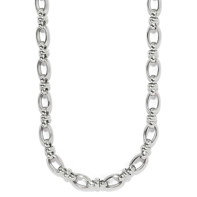 A polished silver-toned metal chain necklace with elongated oval links and smaller connecting beads, shown against a plain white background.