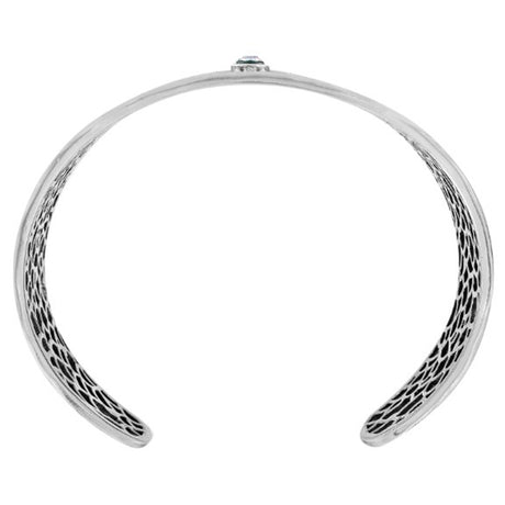 Silver necklace with a textured design on a white background