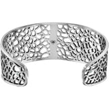 Silver bracelet with intricate openwork design on a white background