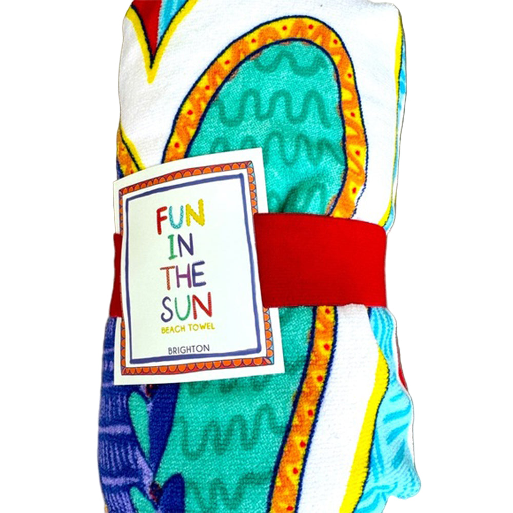 Colorful beach towel with 'Fun in the Sun' label on a white background
