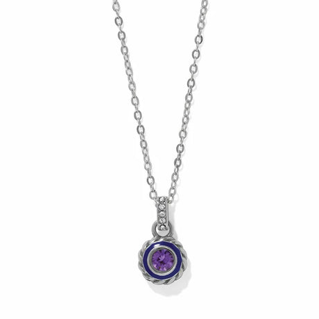 A silver chain necklace with a round pendant featuring a purple gemstone surrounded by a dark blue inlay and a textured silver border, shown on a white background.