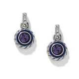 A pair of silver drop earrings with a central round purple crystal surrounded by a dark blue enamel ring, set in a twisted rope-style silver bezel. Each earring features a silver bail decorated with small clear round-cut crystals, all shown on a clean white background.