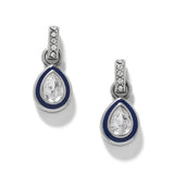 Teardrop-shaped earrings with blue accents and clear gemstones on a white background