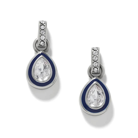 Teardrop-shaped earrings with blue accents and clear gemstones on a white background
