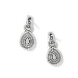 A pair of silver teardrop-shaped drop earrings with intricate textured detailing and small clear stones, shown on a clean white background.