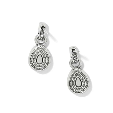 A pair of silver teardrop-shaped drop earrings with intricate textured detailing and small clear stones, shown on a clean white background.