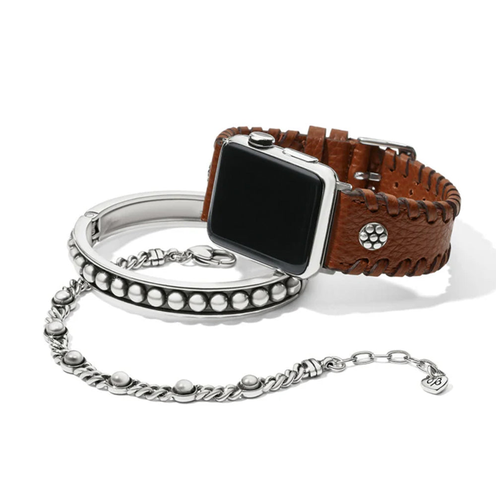 Smartwatch with a brown leather strap and silver metal band on a white background