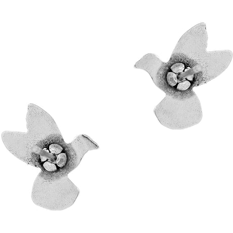 Pair of silver bird-shaped earrings on a white background