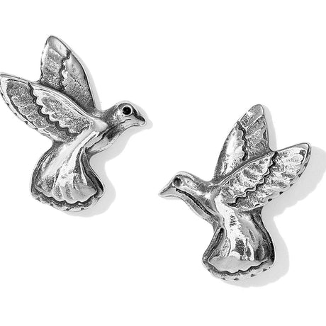 Pair of silver dove-shaped earrings on a white background