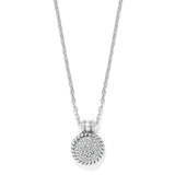 Silver necklace with a round pendant on a white background