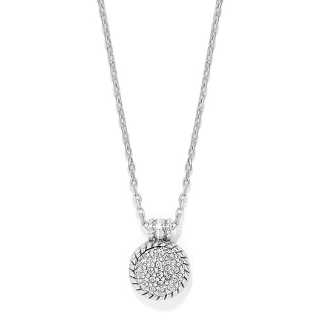 Silver necklace with a round pendant on a white background