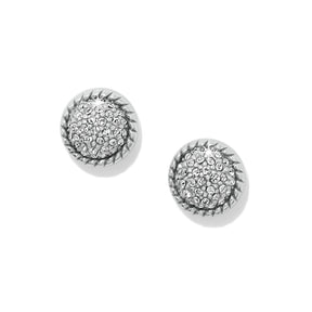 Pair of silver round earrings with clear gemstones on a white background