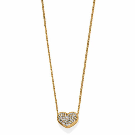 Gold necklace with a heart-shaped pendant on a white background