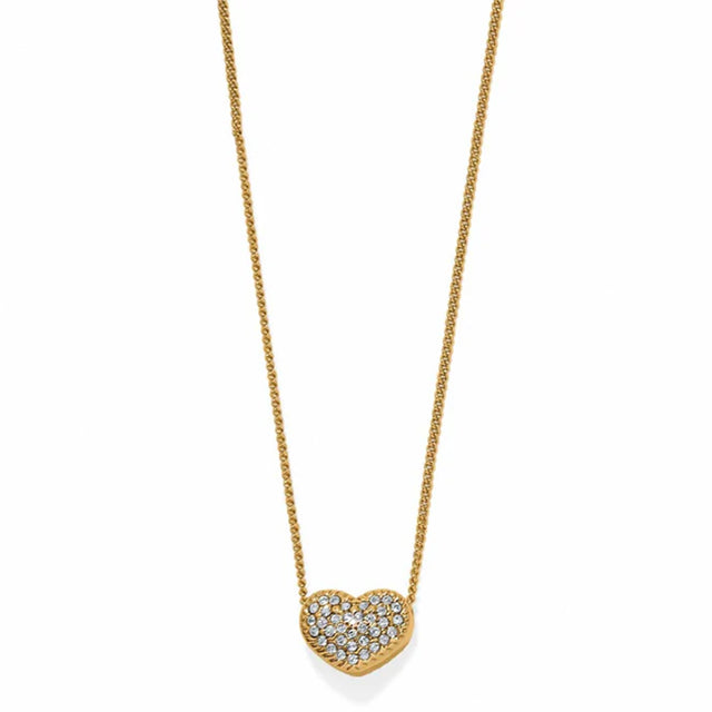 Gold necklace with a heart-shaped pendant on a white background