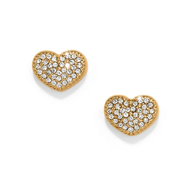 Heart-shaped earrings with gold frame and clear gemstones on a white background