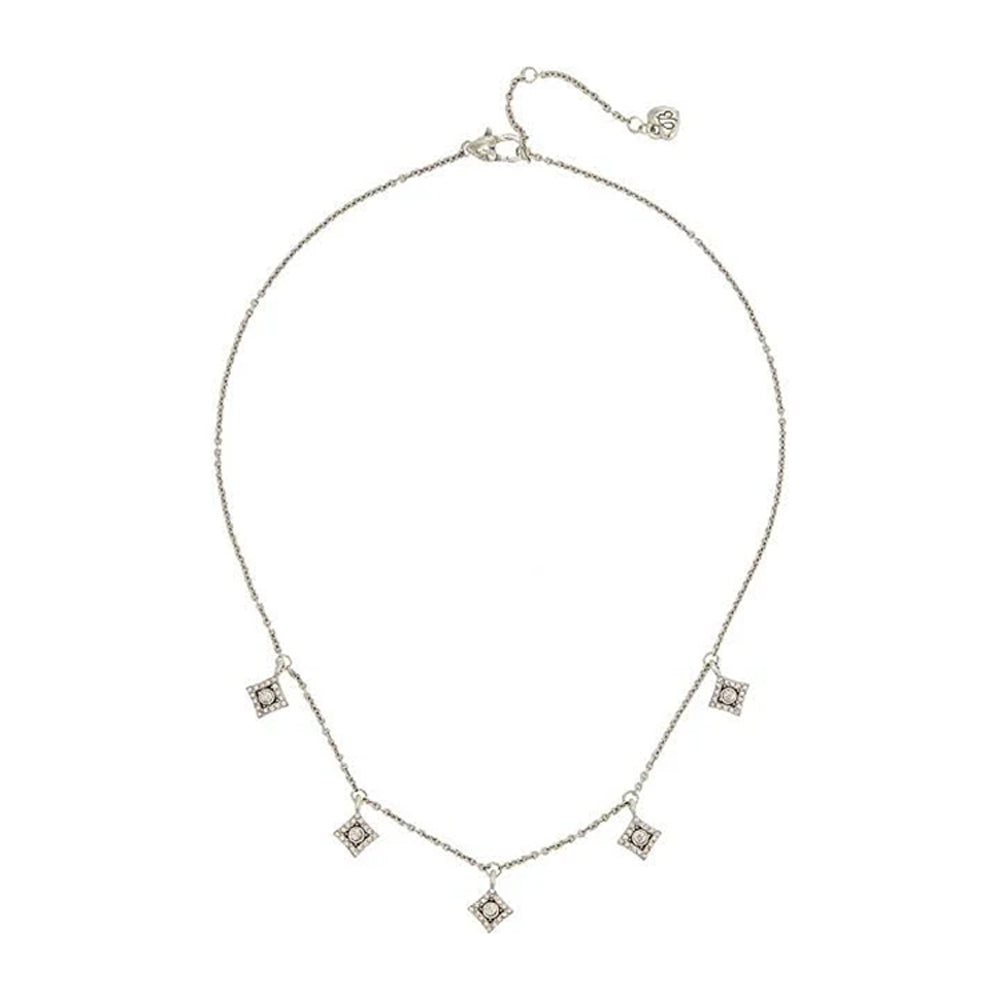 Silver necklace with diamond pendants on a white background