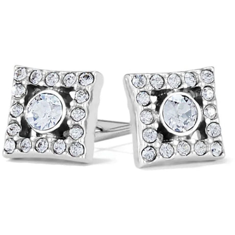 Pair of silver square earrings with clear gemstones on a white background