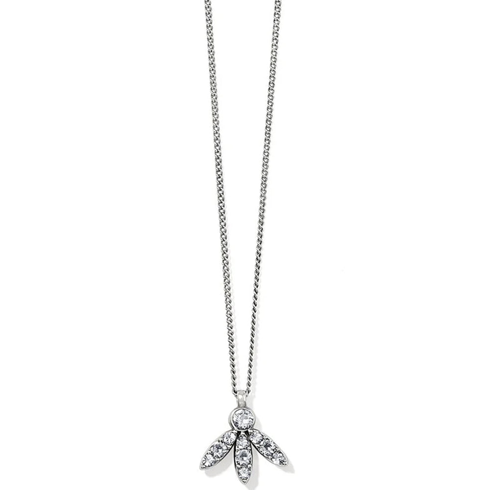 Silver necklace with a leaf-shaped pendant on a white background