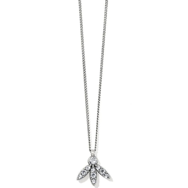 Silver necklace with a leaf-shaped pendant on a white background