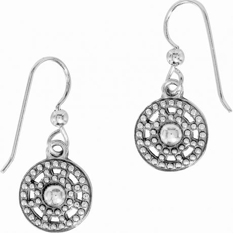 Silver earrings with intricate designs on a white background