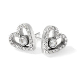 Heart-shaped earrings with clear gemstones on a white background